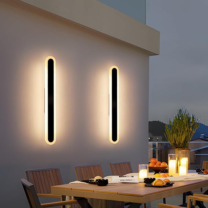 2 Pack Outdoor Wall Mounted Light, 23.6inch Modern Long Oval Exterior Sconce, 3000K-6000K Dimmable, IP65 Waterproof Strip Porch Lighting for Patio, Yard, Garage, House with Remote Control