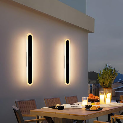 2 Pack Outdoor Wall Mounted Light, 23.6inch Modern Long Oval Exterior Sconce, 3000K-6000K Dimmable, IP65 Waterproof Strip Porch Lighting for Patio, Yard, Garage, House with Remote Control