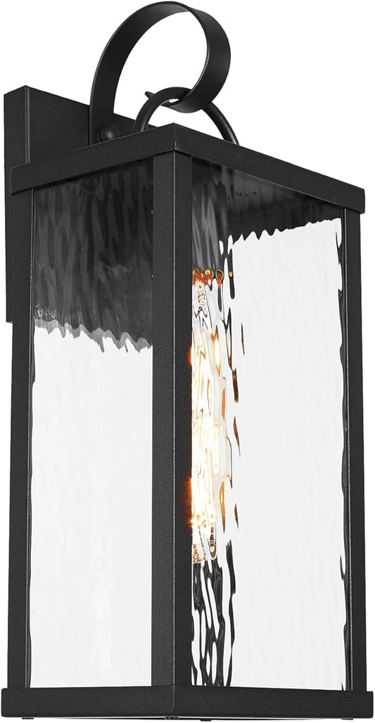 Outdoor Wall Light Fixture, Modern Black Exterior Wall Lantern with Water Ripple Glass, Farmhouse Vintage Waterproof Wall Sconce Porch Light for Patio, Garage, Front Door, Garden, Yard, E26