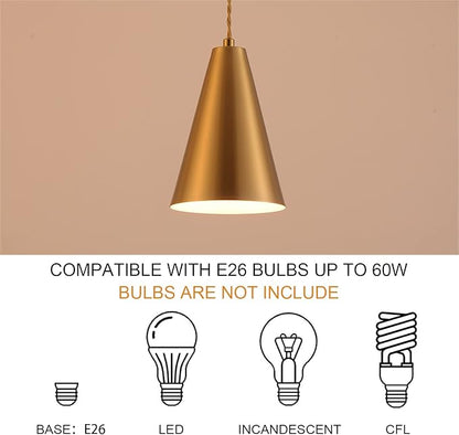 Gold Pendant Lights Kitchen Island,Dining Room Light Fixtures Over Table 3 Pack with Brushed Brass Cone Metal Shade, Modern Farmhouse Mini Chandeliers,Adjustable Cord Hanging Lighting for Bar,Sink