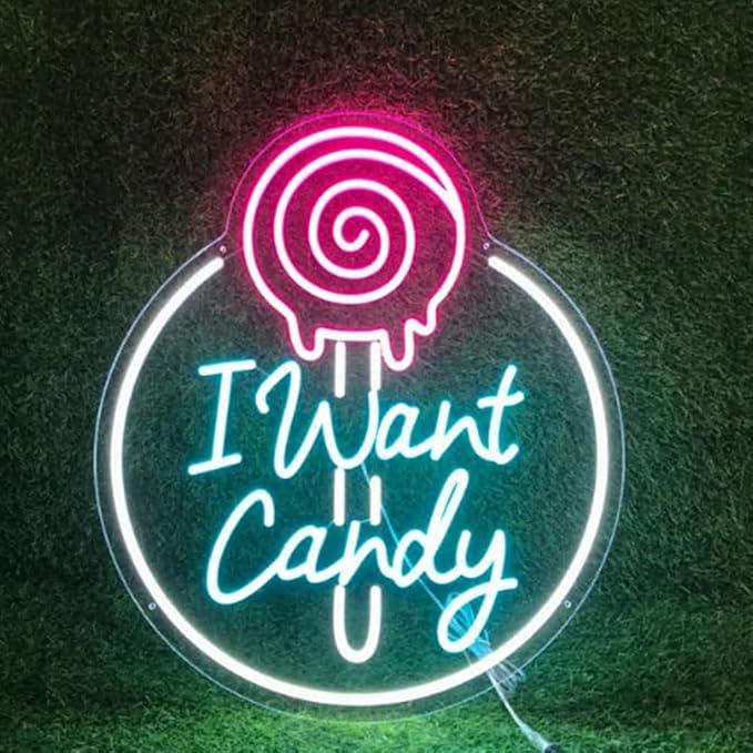 I Want Candy Neon Sign,Candy Shop Neon Sign, Custom Store Signage,Home Wall Kitchen Decor Coffee Bar Shop Store Decoration Business Sign Size:18 x 15.5inches