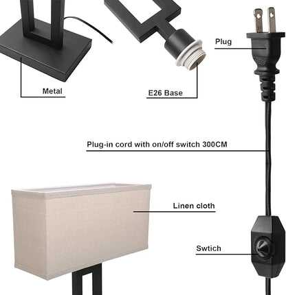Yosoan Linen Fabric Beige Indoor Table Lamp Bedside Nightstand Desk Lamp, Dimmable On Off Switch Black 65.8" Power Cord Cutout Rectangular Shade for Bedroom Hotel Study(Linen)