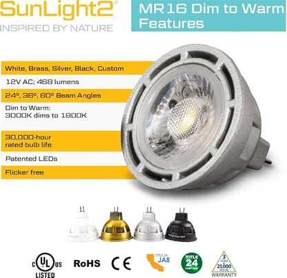 SunLight2® Premium Edition | MR16 LED Bulb 7W | 12V AC | 3000K to 1800K Dim to Warm | CRI 97+ | 24° Beam Angle GU5.3 Spotlight | Silver Finish | 4 Pack | Energy Efficient Flicker Free