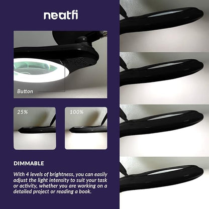Neatfi 1,200 Lumens Super LED Magnifying Lamp with Clamp, Dimmable, Includes Microfiber Cleaning Cloth, 5 Inch Diameter Lens for Reading, Sewing, Crafting (Black, 8 Diopter)
