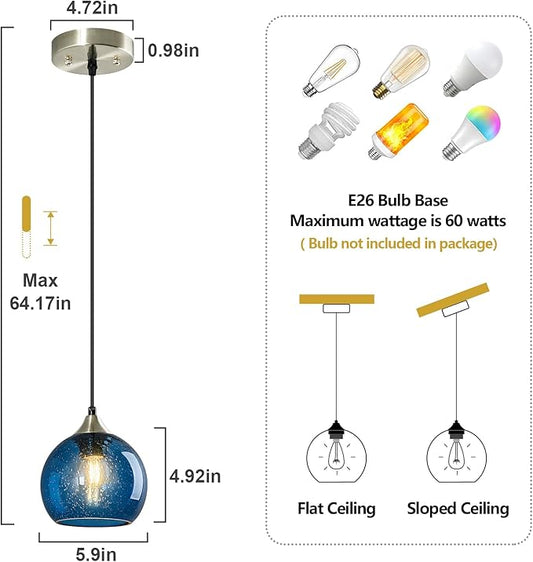 Blue Glass Pendant Lights Kitchen Island Lighting Globe Pendant Light Fixtures Modern Lighting for Kitchen Island Bedroom Living Dining Room (5.9in, 2-Pack)
