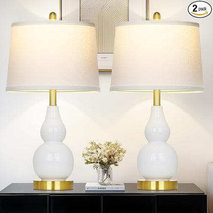 25" Ceramic Table Lamps Set of 2, Modern Double Gourd Ceramic Table Lamp for Living Room, White Rustic Farmhouse Bedside Nightstand Lamp with Fabric Shades for Bedroom Desk End Table Home Office Decor