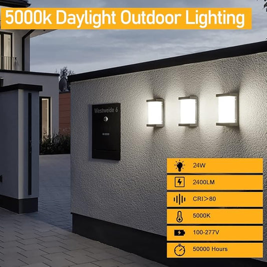 Sytmhoe 2Packs Porch Lights Outdoor Wall Sconce, 24W 2400LM 5000K Modern LED Porch & Patio Lights, Aluminum Exterior Light Fixture Matt Black IP65 Waterproof for Hallway House Backyard Garage Lighting