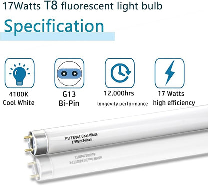 (12 Pack) 24 inch F17T8/841 Fluorescent Light Bulb,2ft 17Watts 4100K Cool White T8 Linear sp841 Tube, G13 Medium Bi-Pin Base