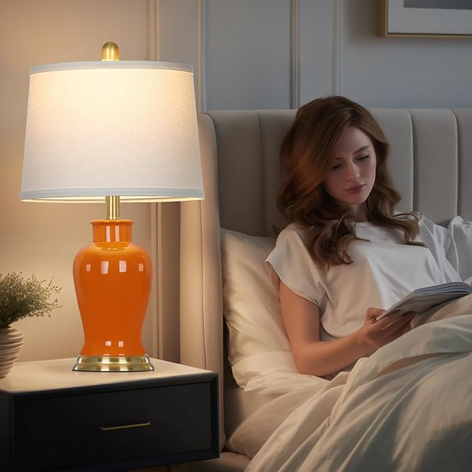 Orange Ceramic Lamps Set of 2, 23" Modern Table Lamps for Living Room, Stylish Bedroom Ginger Jar Lamps, Elegant Bedside Lamp for Night Stand Desk Side End Table Home Decor(Bulbs Included)