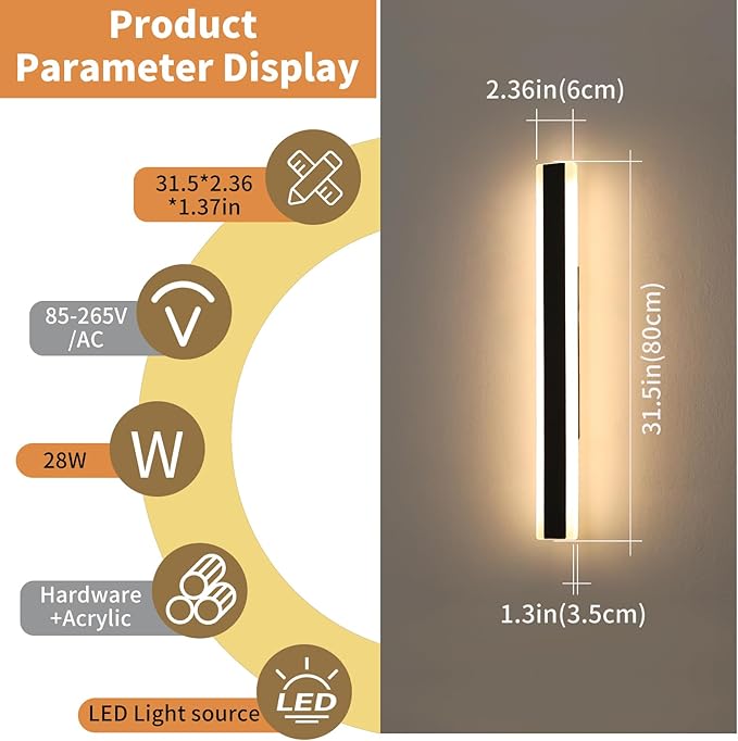Outdoor Wall Light Fixture, 31.4inch Black Modern Linear Exterior Sconce, IP65 Waterproof Dimmable 3000K-6000K with Remote Control, Wall Mount Garage Lighting for Porch, Patio, Yard, House