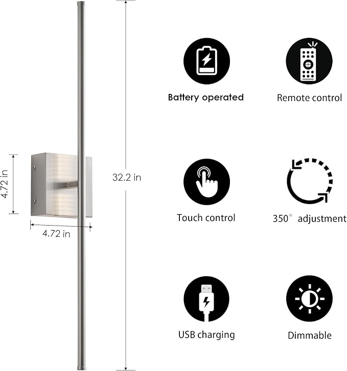 Battery Operated Wall Sconces with Remote Control, Dimmable Wall Sconces Set of Two, 350°Rotate, 3000K LED Nickel Wireless Wall Light for Living Room, Hallway, Bedroom, 32.2 Inch (2 Pack)