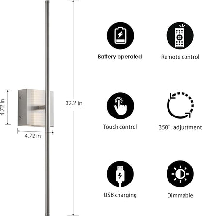 Battery Operated Wall Sconces with Remote Control, Dimmable Wall Sconces Set of Two, 350°Rotate, 3000K LED Nickel Wireless Wall Light for Living Room, Hallway, Bedroom, 32.2 Inch (2 Pack)