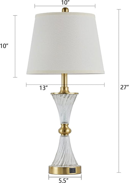 27" Bedroom Lamps Set of 2, Gold Glass Touch Lamps with USB C+A Ports, 3-Way Dimmable Light Fixture for Nightstand, Modern Table Side Lighting for Living Room, 2 Bulbs Included