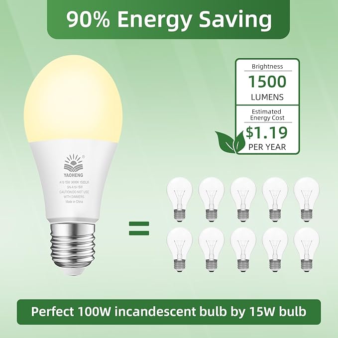 A19 LED Light Bulb, 100 Watt Equivalent LED Bulbs, 3000K Warm White, 1500 Lumens, Standard E26 Base, Non-Dimmable, 15W Super Bright Light Bulbs for Home, Office Lamp, ETL Listed(10-Pack)