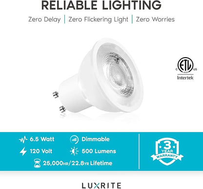 LUXRITE MR16 GU10 LED Bulbs Dimmable, 50W Halogen Equivalent, 4000K Cool White, 500 Lumens, 120V Spotlight LED Bulb GU10, Enclosed Fixture Rated, Perfect for Landscape or Home Lighting (6 Pack)