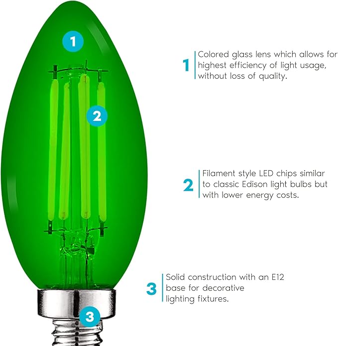 LUXRITE E12 LED Filament Green Light Bulb, 4.5W (40W Equivalent), Colored Glass Candelabra Bulb, UL Listed, E12 Base, Indoor Outdoor, Porch, Decoration, Party, Holiday, Event, Home Lighting (4 Pack)