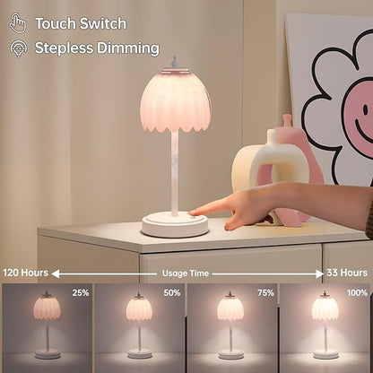 Tulip Table Lamp with 5200mAh Battery & Touch Control, Cordless Small Table Lamp with 3 Colors, Dimmable Rechargeable Table Lamps for Living Room, Bedroom, Desk, Bedside (Creamy Pink Tulip)
