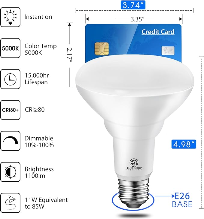 Energetic 12 Pack LED Recessed Light Bulbs BR30, 1100Lumens, 85W Equivalent, Dimmable, Daylight 5000K, Indoor Flood Lights for Recessed Cans, UL Listed