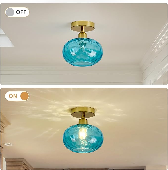 Blue Glass Semi Flush Mount Ceiling Light - 7.9 Inch Hammered Art Deco Glass Small Hallway Light fixtures, Vintage Gold Flush Mount Ceiling Light for entryway Foyer Laundry Room Kitchen