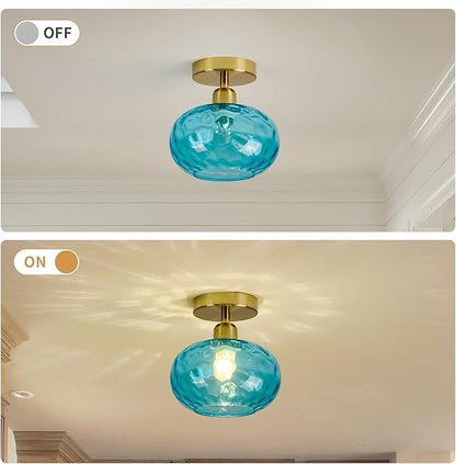 Blue Glass Semi Flush Mount Ceiling Light - 2 Pack,7.9 Inch Hammered Glass Small Hallway Light fixtures, Vintage Gold Art Deco Flush Mount Ceiling Light for entryway Foyer Laundry Room Kitchen