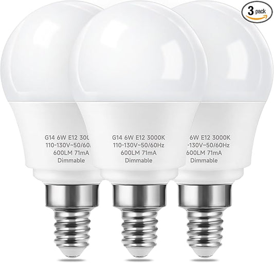 E12 Ceiling Fan Light Bulbs Dimmable, 60w Equivalent LED Bulb, Warm White 3000K, E12 Small Base Candelabra A15 LED Round Light Bulb, 600 Lumen, Pack of 3
