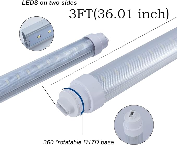 Midwestern 12 Pack T10 3FT 20W Led Tube Light Double Sided 360° Rotatable R17D Base Double Rows Led Ballast Bypass 3 Foot Advertisement Sign Lighting 6000k Cool White Striped Cover 100-277V