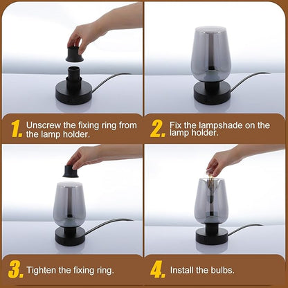 INVGOOD 3 Way Dimmable Touch Bedside Table Lamp, Black Glass Small Desk Lamp with Three Charging Ports for Bedroom Living Room Nightstand, 800LM LED Warm White Bulb Included
