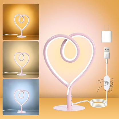 Pink Table Lamp,3CCT 2700K/4000K/6500K Stepless Dimmable Heart Desk Lamp with USB Adapter,Small Bedside Spiral Lamp,Contemporary Table Lamp for Living Room,Bedroom,Office,Girls Room