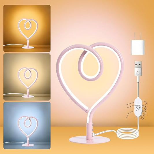 Pink Table Lamp,3CCT 2700K/4000K/6500K Stepless Dimmable Heart Desk Lamp with USB Adapter,Small Bedside Spiral Lamp,Contemporary Table Lamp for Living Room,Bedroom,Office,Girls Room