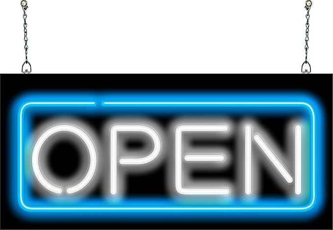 Neon Open Sign with Border - 24" wide x 11" high - Real, Quality Hand Bent Neon Sign - White Letters with a Blue Outer Border
