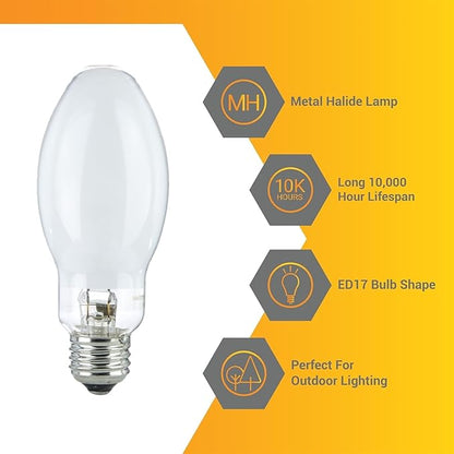 Diodesy- M57 Metal Halide Lamp 175W Probe Start 13000 Lumen E26 Medium Base 4200K Cool-White White Coated ED17 Shape 10000 Hour High Intensity Discharge Outdoor Light Bulb for Street Parking Pack of 2