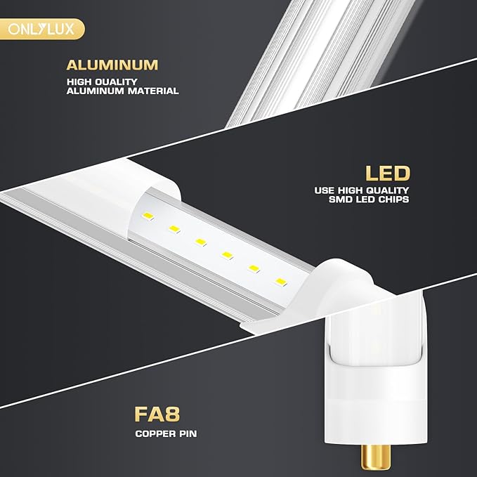 8 Foot Led Bulbs T8 T12 LED 8ft Tube Light F96T8 F96T12 LED Bulb 96" FA8 Single Pin LED Fluorescent Replacement, (100W Fluorescent Equivalent) 6500K CW Daylight Milky Cover, 10 Pack