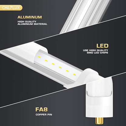 8 Foot Led Bulbs T8 T12 LED 8ft Tube Light F96T8 F96T12 LED Bulb 96" FA8 Single Pin LED Fluorescent Replacement, (100W Fluorescent Equivalent) 6500K CW Daylight Milky Cover, 10 Pack