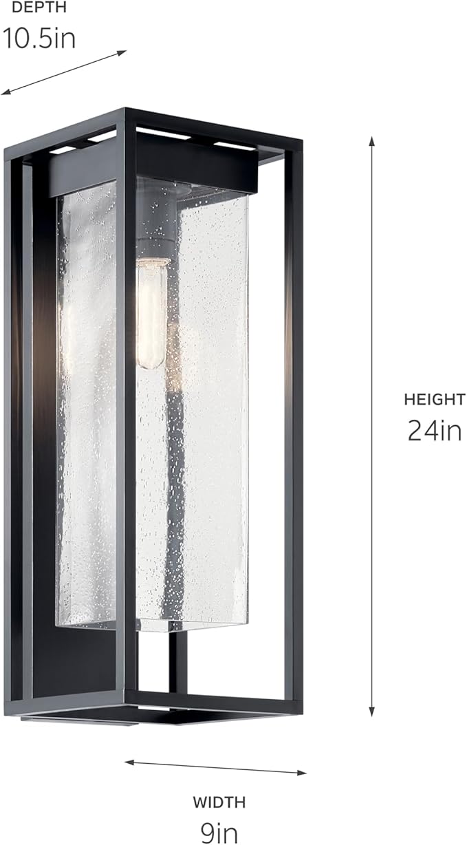 Kichler Mercer 24" Outdoor Lantern Modern Industrial 1 Light Wall Light Fixture with Clear Seeded Glass in Black with Silver Highlights for Porch, Patio or Garage Entrance (10.5" x 9" x 24") 59063BSL