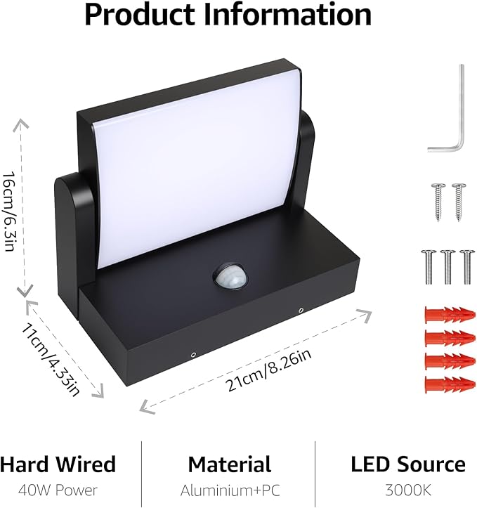 2 Pack 40W Motion Sensor Outdoor Wall Lights, 3000K Black LED Light Fixture, IP65 Waterproof Exterior Porch Light, 360 ° Adjustable Head Flood Wall Lighting for House