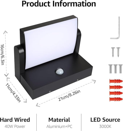 2 Pack 40W Motion Sensor Outdoor Wall Lights, 3000K Black LED Light Fixture, IP65 Waterproof Exterior Porch Light, 360 ° Adjustable Head Flood Wall Lighting for House