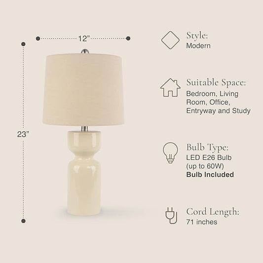 Abani Table Lamp Carlotta Gloss Cylinder 23” – Cream Ceramic Base with Linen Shade – E26 Bulb Included – Modern Desk Lamp for Bedroom, Living Room Lamp, or Entryway