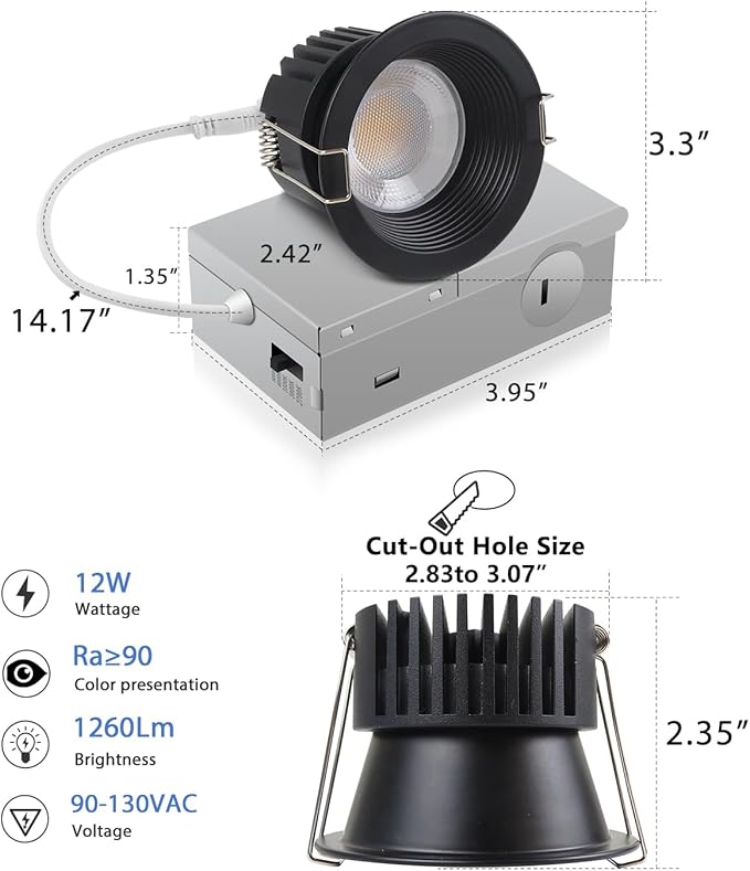Adetu 3 Inch 5CCT Black Anti-Glare LED Downlight with Junction Box, 2700K/3000K/4000K/5000K Selectable, CRI90+, 12W COB, 1160LM, IP65 Waterproof, Dimmable-ETL and Energy Star Certified (Black,1 Pack)