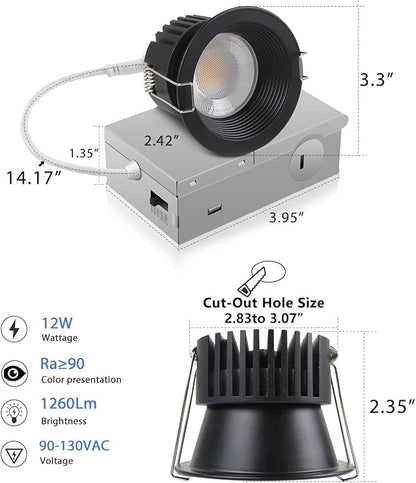 Adetu 3 Inch 5CCT Black Anti-Glare LED Downlight with Junction Box, 2700K/3000K/4000K/5000K Selectable, CRI90+, 12W COB, 1160LM, IP65 Waterproof, Dimmable-ETL and Energy Star Certified (Black,1 Pack)