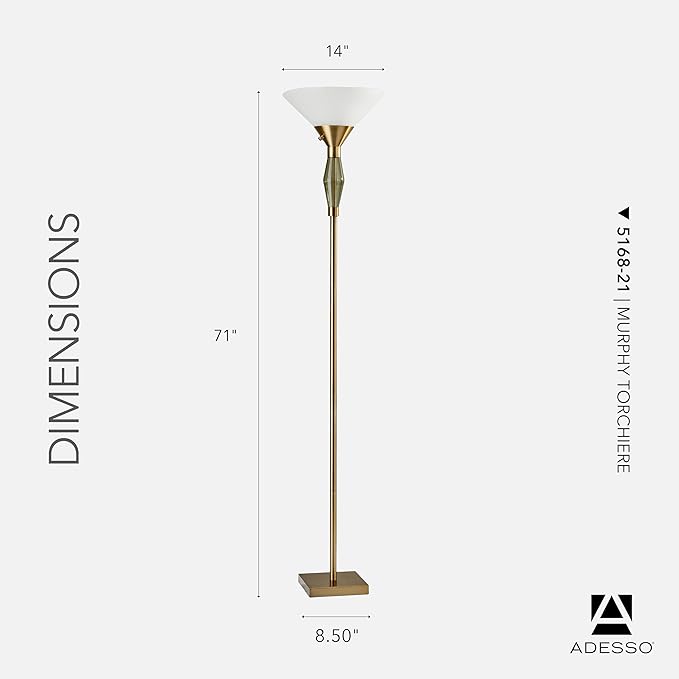 Adesso Torchiere Floor Lamp with Antique Brass Finish & Green Glass – 71” Tall, Dual Socket, Adjustable 3-Way Lighting for Bedroom or Living Room
