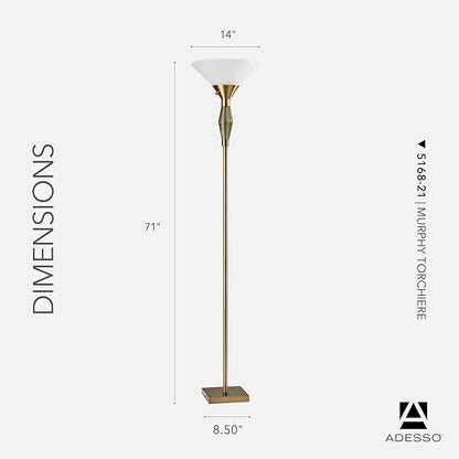 Adesso Torchiere Floor Lamp with Antique Brass Finish & Green Glass – 71” Tall, Dual Socket, Adjustable 3-Way Lighting for Bedroom or Living Room