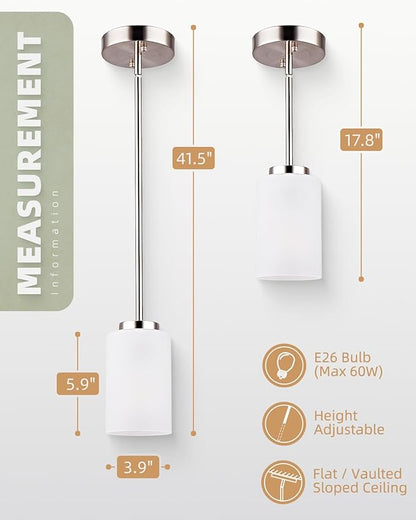 3 Pack Mini Pendant Light, Brushed Nickel Hanging Ceiling Lights with White Frosted Glass Shade, Modern Adjustable Lights for Kitchen Island Bedroom Hallway