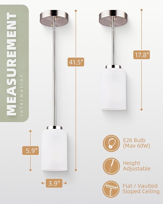 2 Pack Pendant Light Fixtures, Adjustable Brushed Nickel Hanging Ceiling Lights with White Frosted Glass Shades, House Indoor Light for Kitchen Island Bedroom