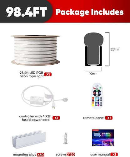 Shine Decor LED RGB Neon Rope Lights AC 120V, Expandable & Cuttable Bright Strip Lighting with Remote, Dimmable Color Changing, ETL Cold-Resistant & IP65 Waterproof for in&Outdoor, 10x20mm, 98.4FT