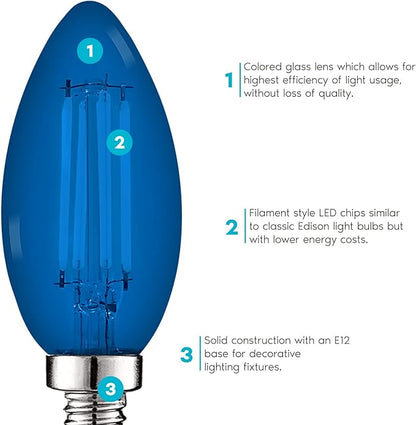 LUXRITE E12 LED Filament Blue Light Bulb, 4.5W (40W Equivalent), Colored Glass Candelabra Bulb, UL Listed, E12 Base, Indoor Outdoor, Porch, Decoration, Party, Holiday, Event, Home Lighting (6 Pack)