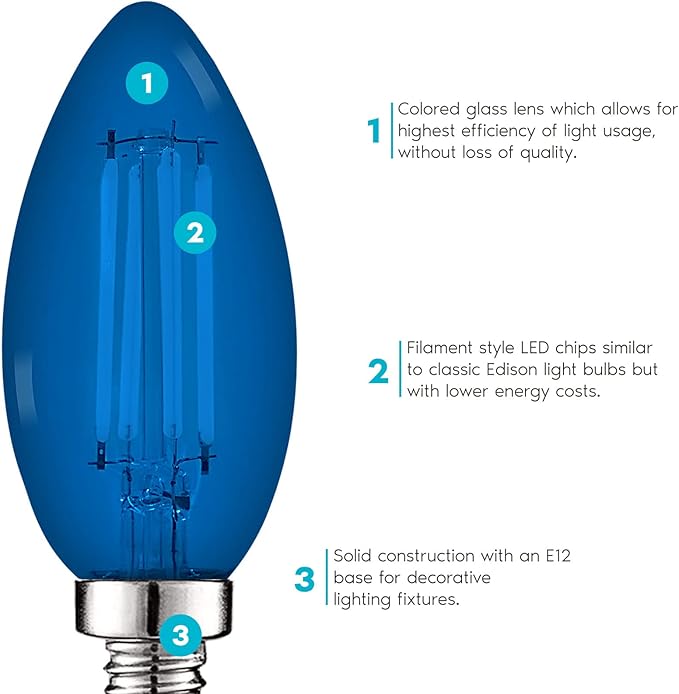 LUXRITE E12 LED Filament Blue Light Bulb, 4.5W (40W Equivalent), Colored Glass Candelabra Bulb, UL Listed, E12 Base, Indoor Outdoor, Porch, Decoration, Party, Holiday, Event, Home Lighting (4 Pack)