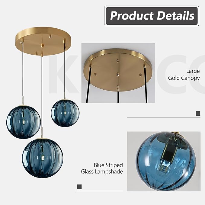KCO Lighting Mid Century Modern 3-Lights Globe Pendant Light Fixture Brass Gold Cluster Pendant Light Kitchen Island Multi Light Pendant Lighting Ceiling Hanging Blue Glass Hanging Light