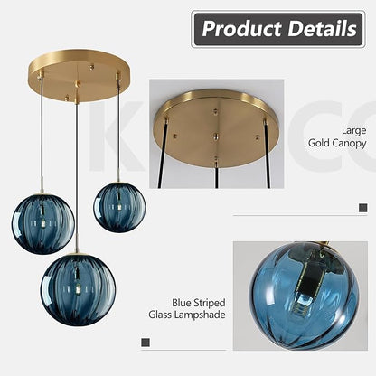 KCO Lighting Mid Century Modern 3-Lights Globe Pendant Light Fixture Brass Gold Cluster Pendant Light Kitchen Island Multi Light Pendant Lighting Ceiling Hanging Blue Glass Hanging Light