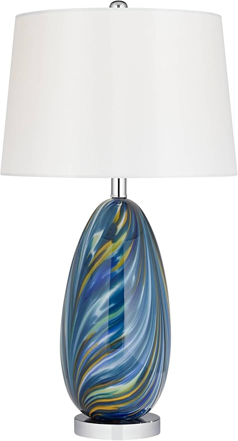 Possini Euro Design Pablo Modern Table Lamp 27" Tall Swirling Multi Color Blue Hand Blown Art Glass Metal White Tapered Drum Shade Decor for Living Room Bedroom House Bedside Home (Color May Vary)