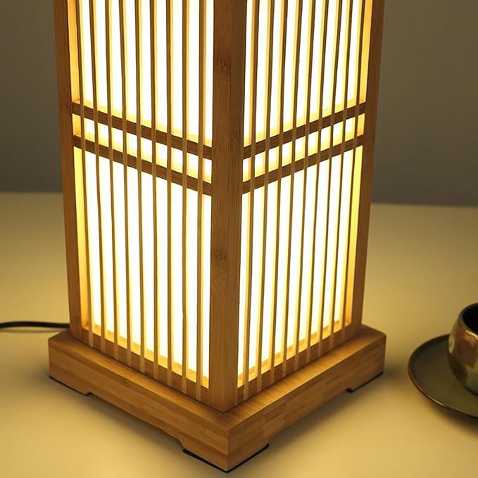 Japanese Table Lamps Mid Century Modern Table Lamps Handmade Bamboo Desk lamp Lantern Tall Table lamp nightstand lamp Natural Wooden Base Bedside Night Light for Study Bedroom Bookcase